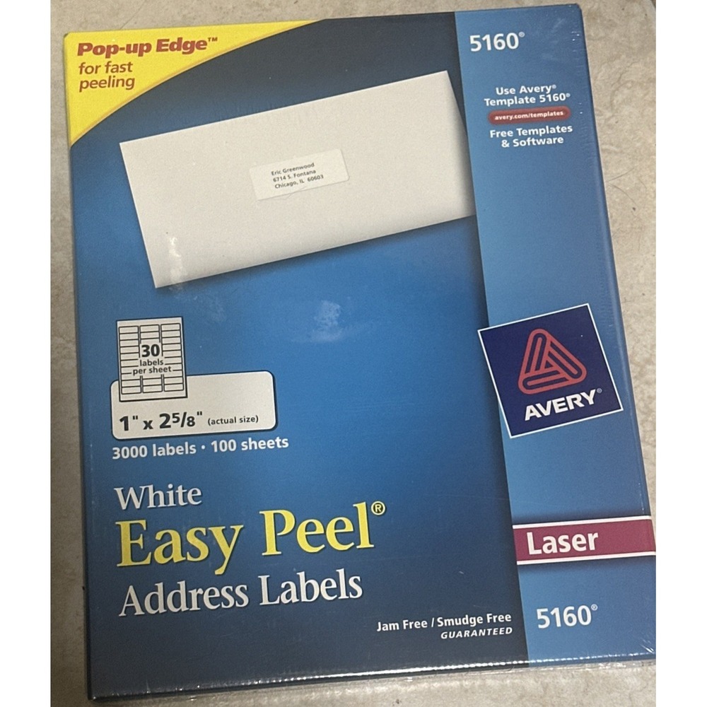 Avery Easy Peel Mailing Address Labels Laser 1 x 2 5/8 White 3000/Box 5160